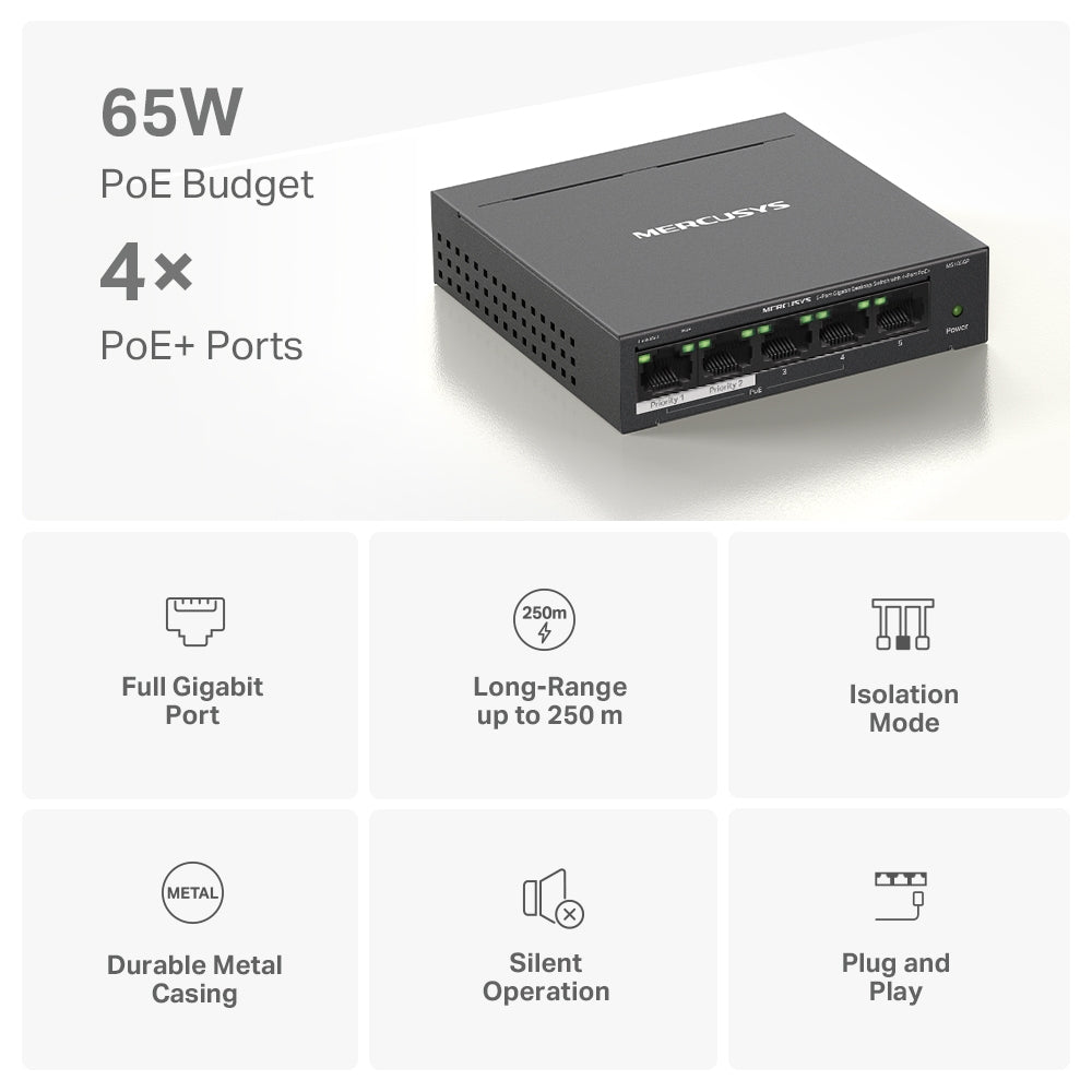 5-Port 10/100/1,000 Mbps Desktop Switch with 4-Port PoE+, MS105GP