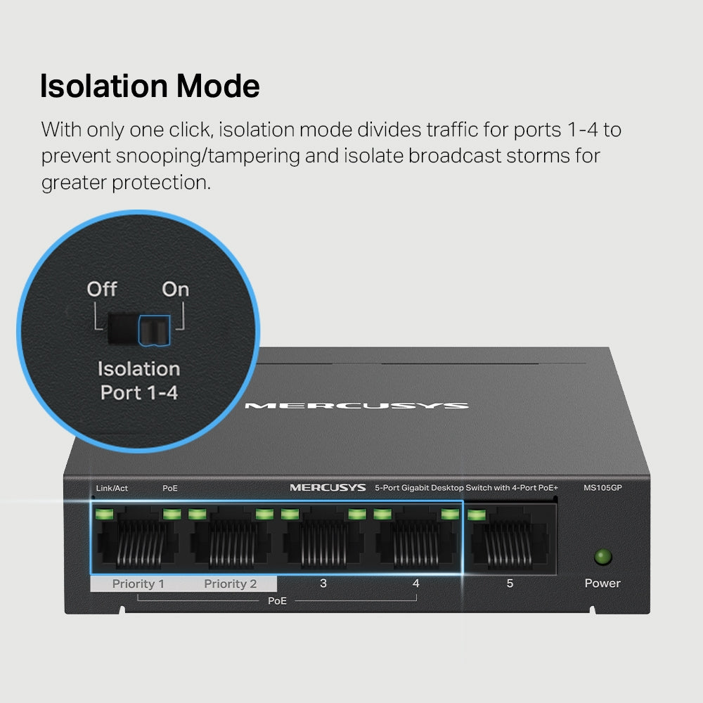 5-Port 10/100/1,000 Mbps Desktop Switch with 4-Port PoE+, MS105GP