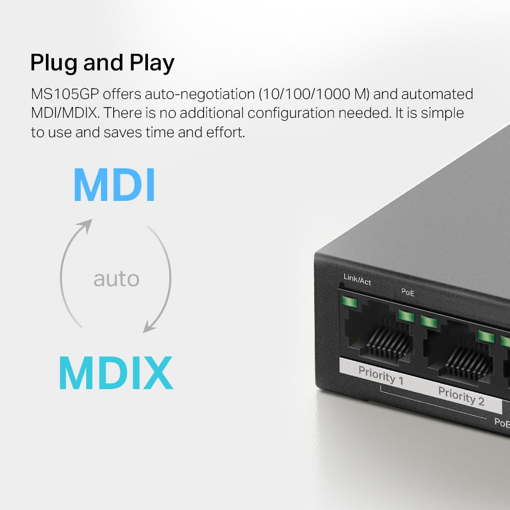 5-Port 10/100/1,000 Mbps Desktop Switch with 4-Port PoE+, MS105GP