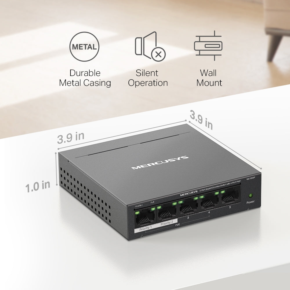5-Port 10/100/1,000 Mbps Desktop Switch with 4-Port PoE+, MS105GP