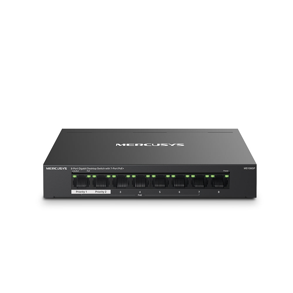 8-Port 10/100/1,000 Mbps Desktop Switch with 7-Port PoE+, MS108GP