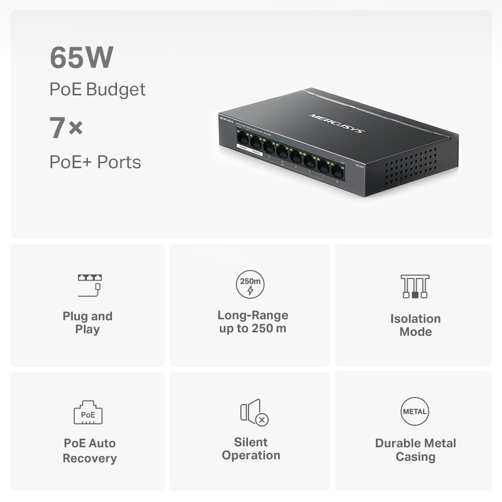 8-Port 10/100/1,000 Mbps Desktop Switch with 7-Port PoE+, MS108GP