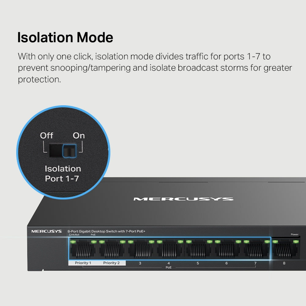 8-Port 10/100/1,000 Mbps Desktop Switch with 7-Port PoE+, MS108GP