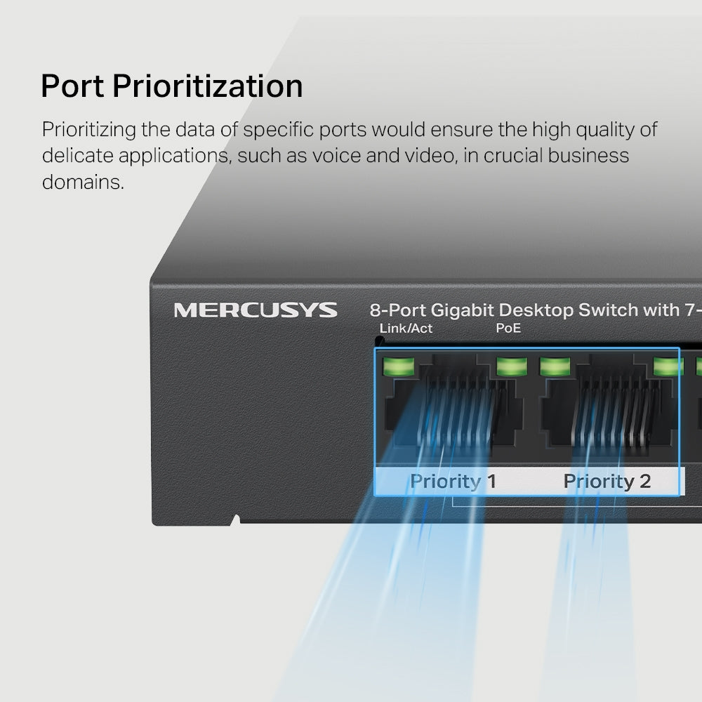 8-Port 10/100/1,000 Mbps Desktop Switch with 7-Port PoE+, MS108GP