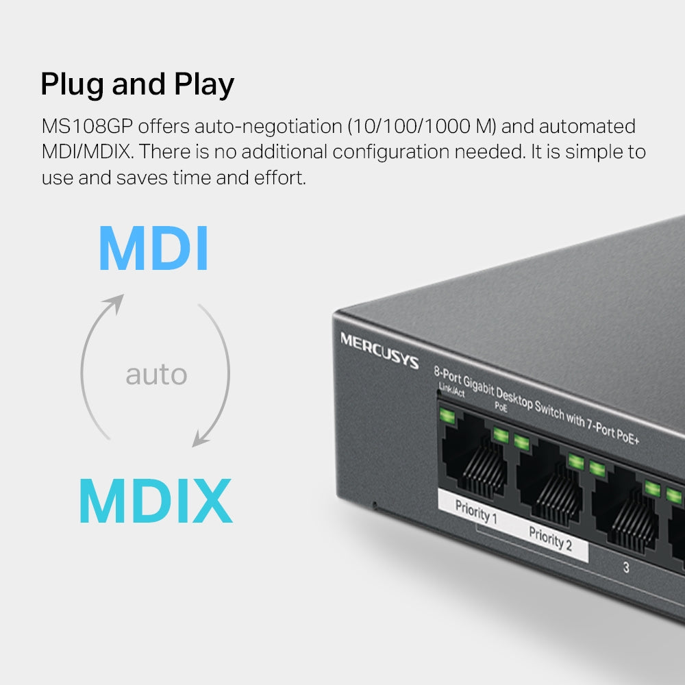 8-Port 10/100/1,000 Mbps Desktop Switch with 7-Port PoE+, MS108GP