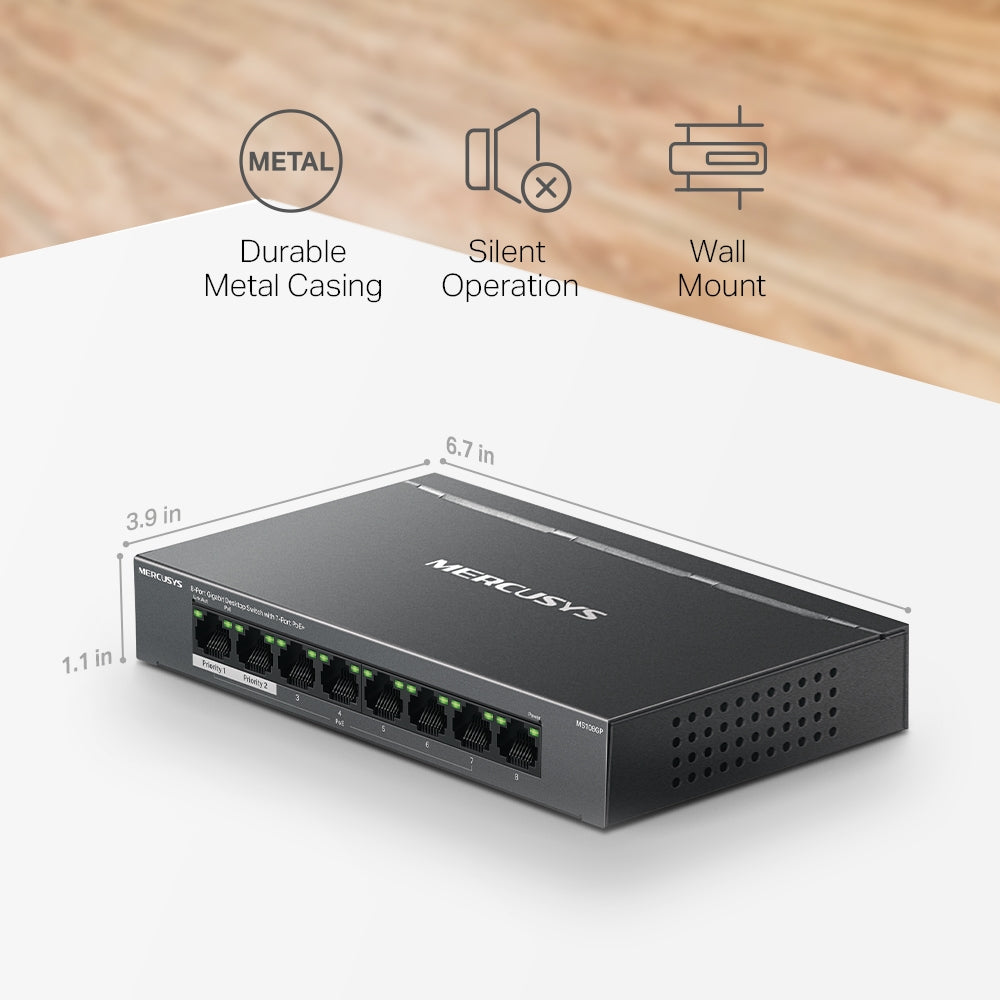 8-Port 10/100/1,000 Mbps Desktop Switch with 7-Port PoE+, MS108GP