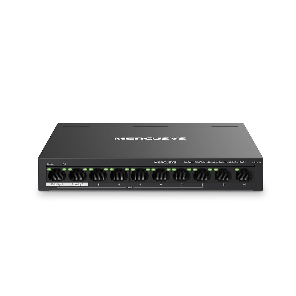 10-Port 10/100 Mbps Desktop Switch with 8-Port PoE+, MS110P