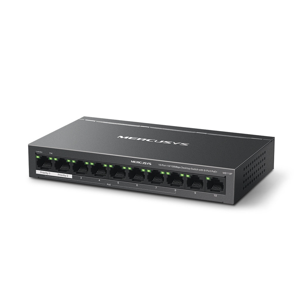 10-Port 10/100 Mbps Desktop Switch with 8-Port PoE+, MS110P
