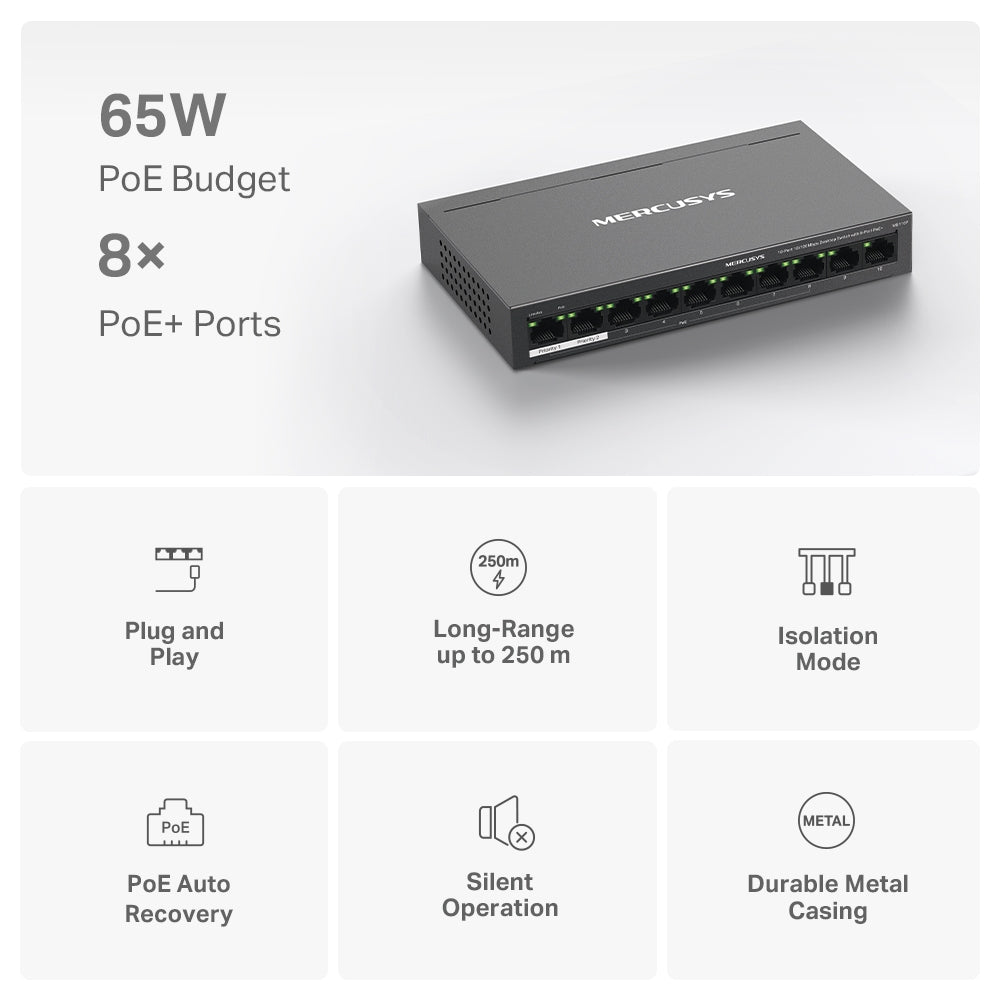 10-Port 10/100 Mbps Desktop Switch with 8-Port PoE+, MS110P