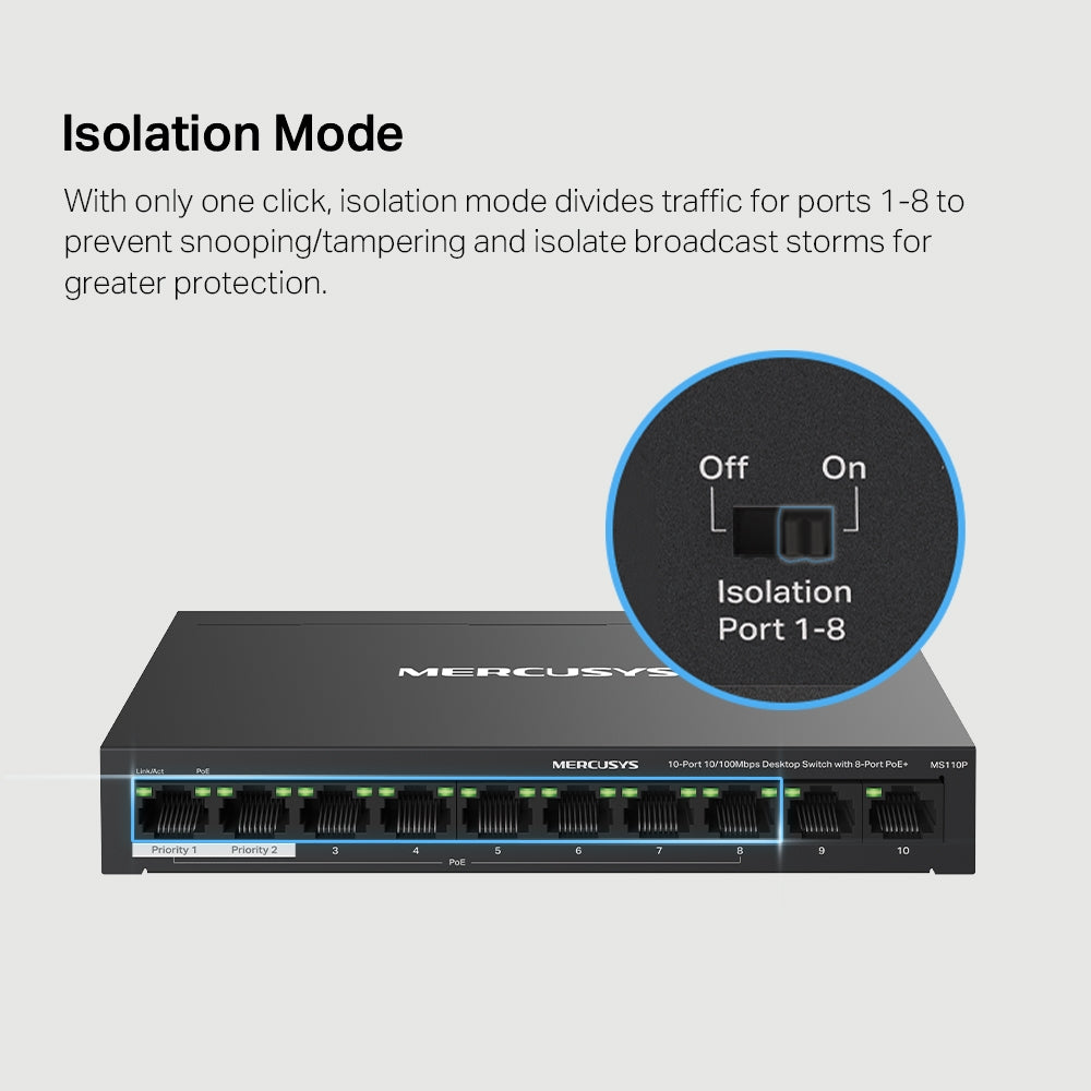 10-Port 10/100 Mbps Desktop Switch with 8-Port PoE+, MS110P