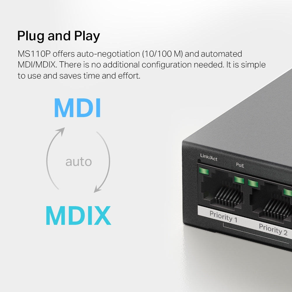 10-Port 10/100 Mbps Desktop Switch with 8-Port PoE+, MS110P