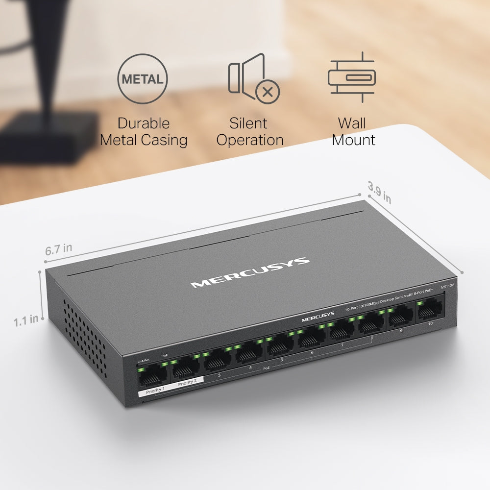 10-Port 10/100 Mbps Desktop Switch with 8-Port PoE+, MS110P