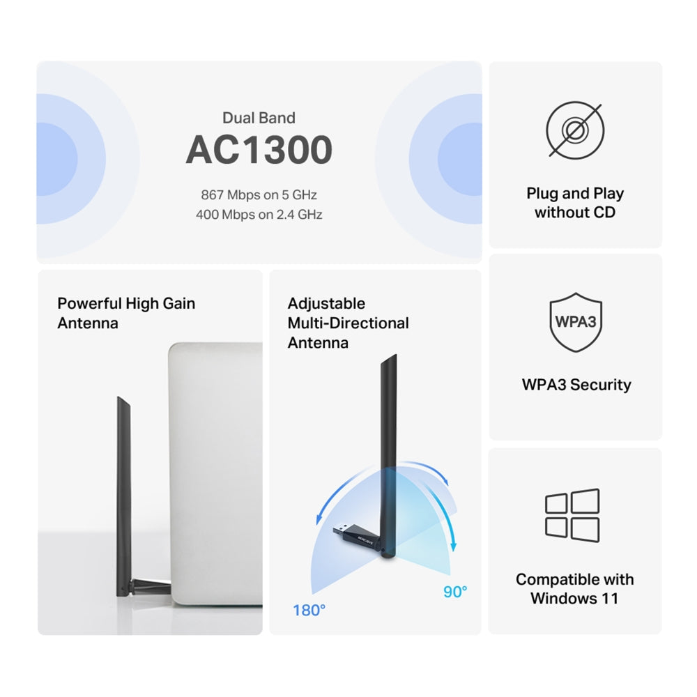 AC1300 High Gain Wireless Dual Band USB Adapter, MA30H