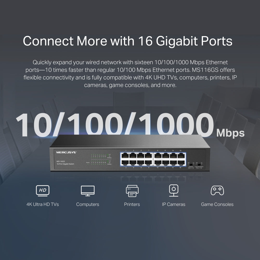 16-Port Gigabit Desktop/Rackmount Switch, MS116GS